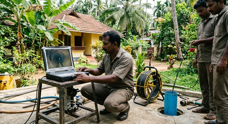 Borewell rejuvenation camera survey at a Thrissur compound