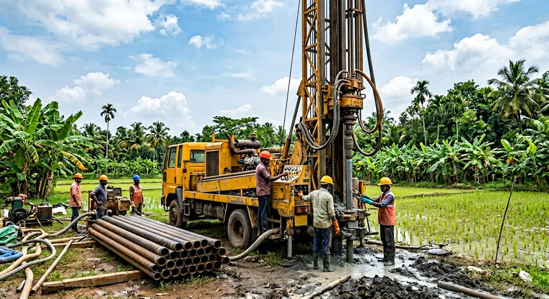 Commercial scale borewell rig at an agricultural plot in Thrissur