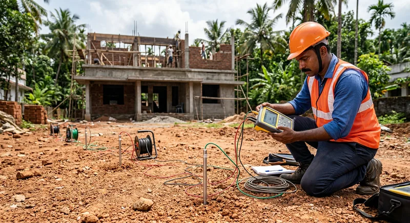 Surveyor with resistivity meter on a Thrissur plot before drilling