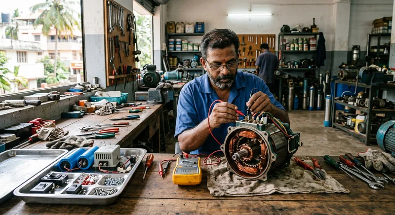 Pump technician servicing a submersible pump motor in a Thrissur workshop